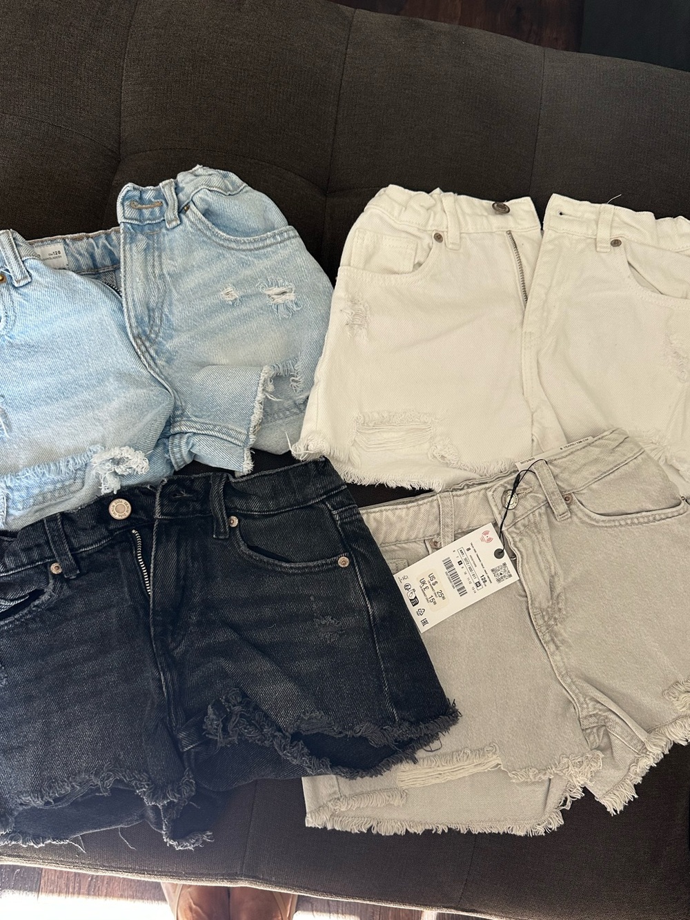 Zara Light Blue and Black Distressed Denim Shorts